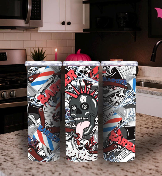 Barber Skull Tumbler Wrap – Punk Rock 20oz Skinny Sublimation PNG for Barbers & Hair Stylists