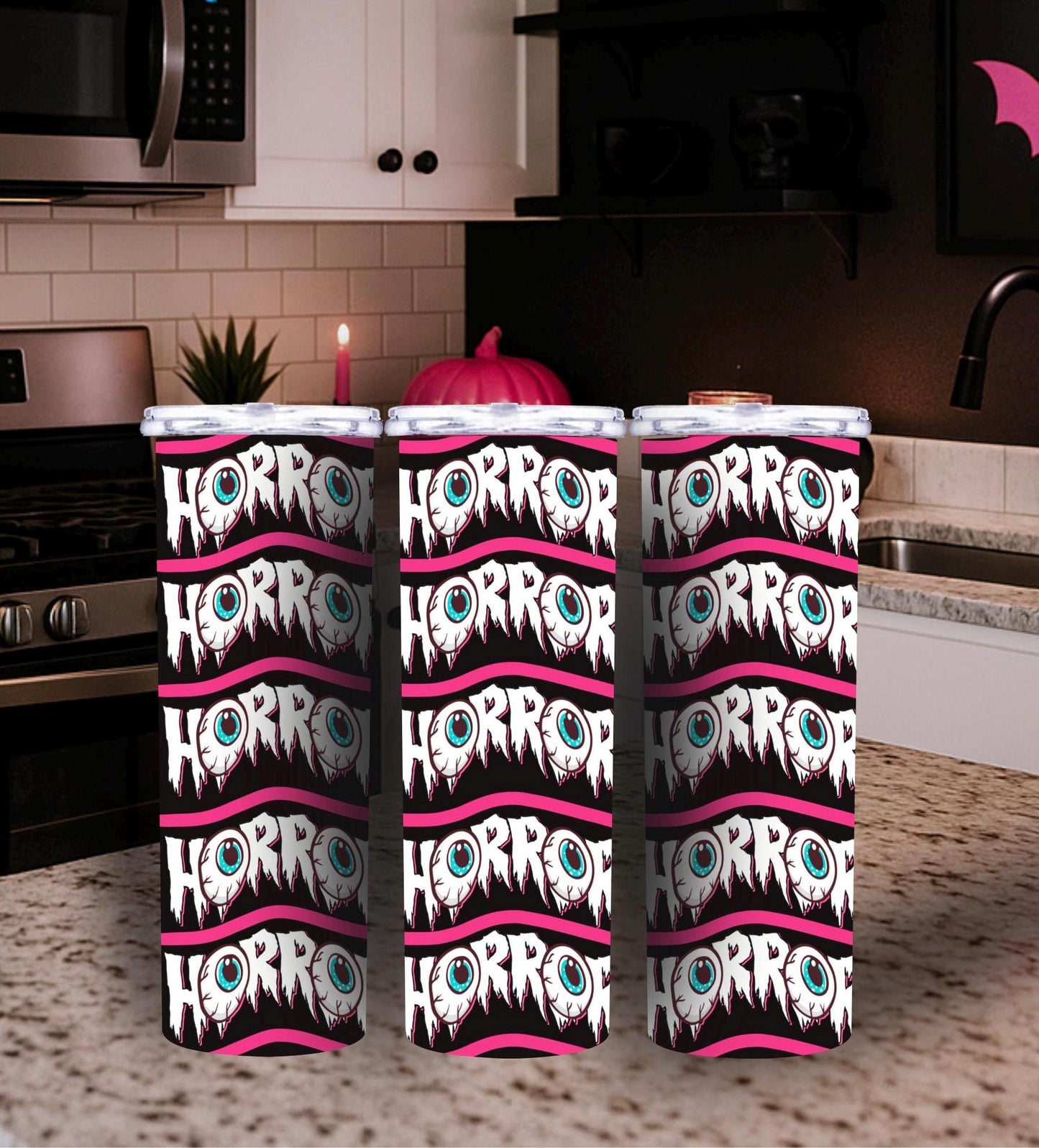 Horror Text Tumbler Wrap – Eyeball Sublimation PNG for 20oz Skinny Tumblers | Repeating Horror Graphic