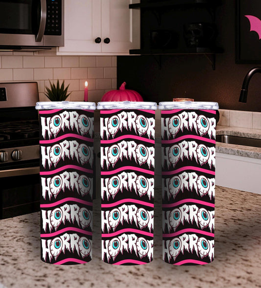 Horror Text Tumbler Wrap – Eyeball Sublimation PNG for 20oz Skinny Tumblers | Repeating Horror Graphic