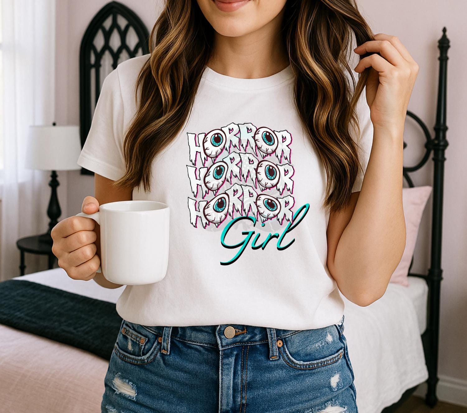 Horror Girl Digital Art – Creepy Eyeball Typography Graphic for T-Shirts & Sublimation