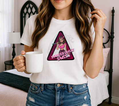 Dangerously Sweet PNG – Gothic Pin-Up Knife Girl Sublimation T-Shirt Design, Pink Retro Horror Clipart for Apparel, Digital Download