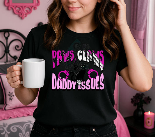 Paws Claws & Daddy Issues PNG – Funny Alt Cat Girl Sublimation Design, Pink Goth Kitty Handcuff T-Shirt Graphic, Digital Download