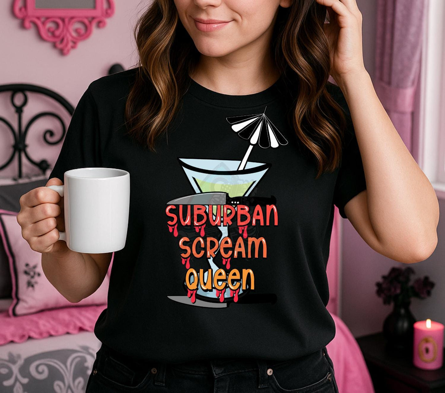 Suburban Scream Queen PNG – Horror T-Shirt Design, Bloody Cocktail Knife Sublimation File, Halloween Instant Download