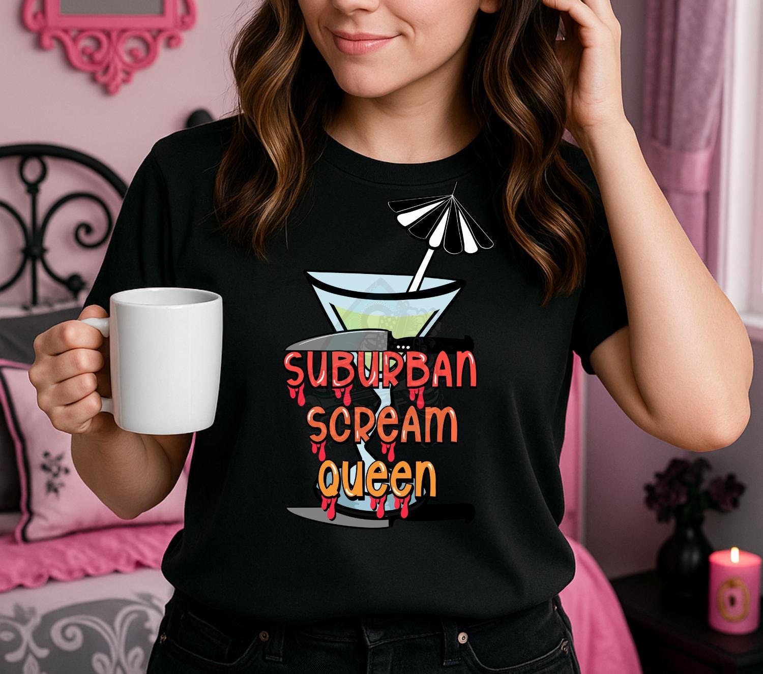 Suburban Scream Queen PNG – Horror T-Shirt Design, Bloody Cocktail Knife Sublimation File, Halloween Instant Download
