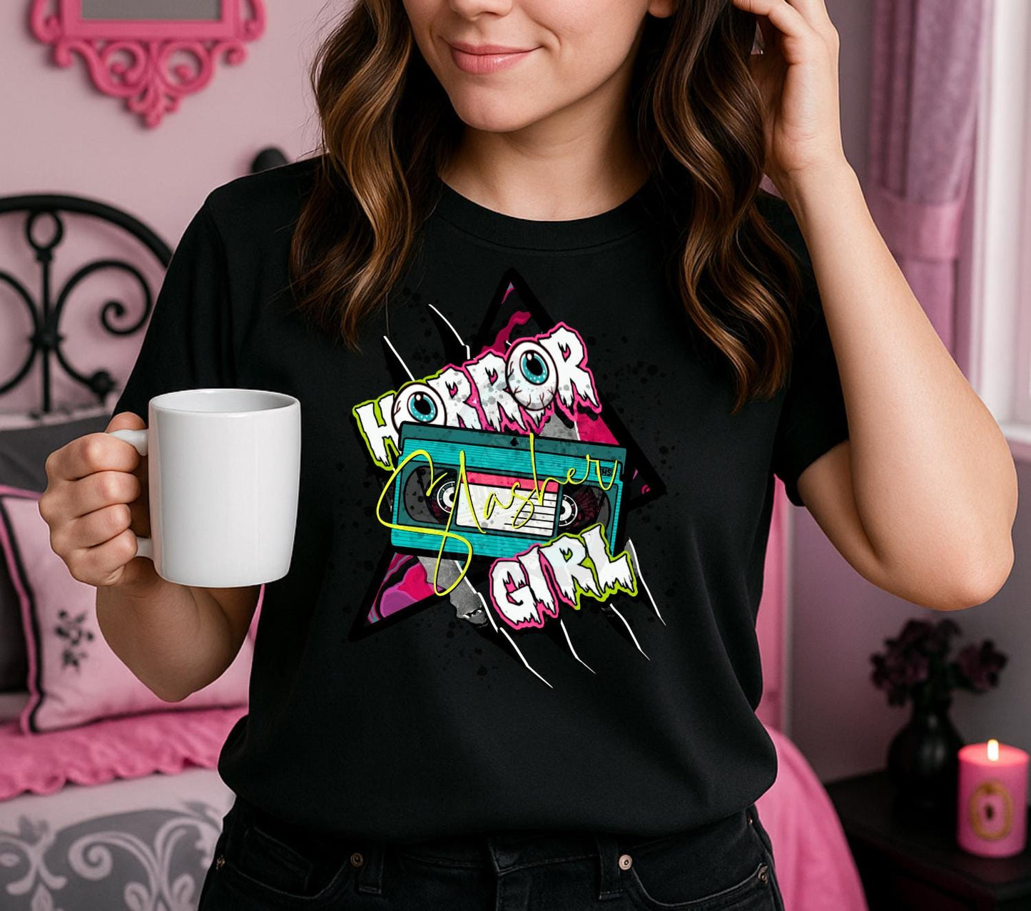 Horror Slasher Girl T-Shirt Design – PNG Retro VHS Aesthetic for Sublimation