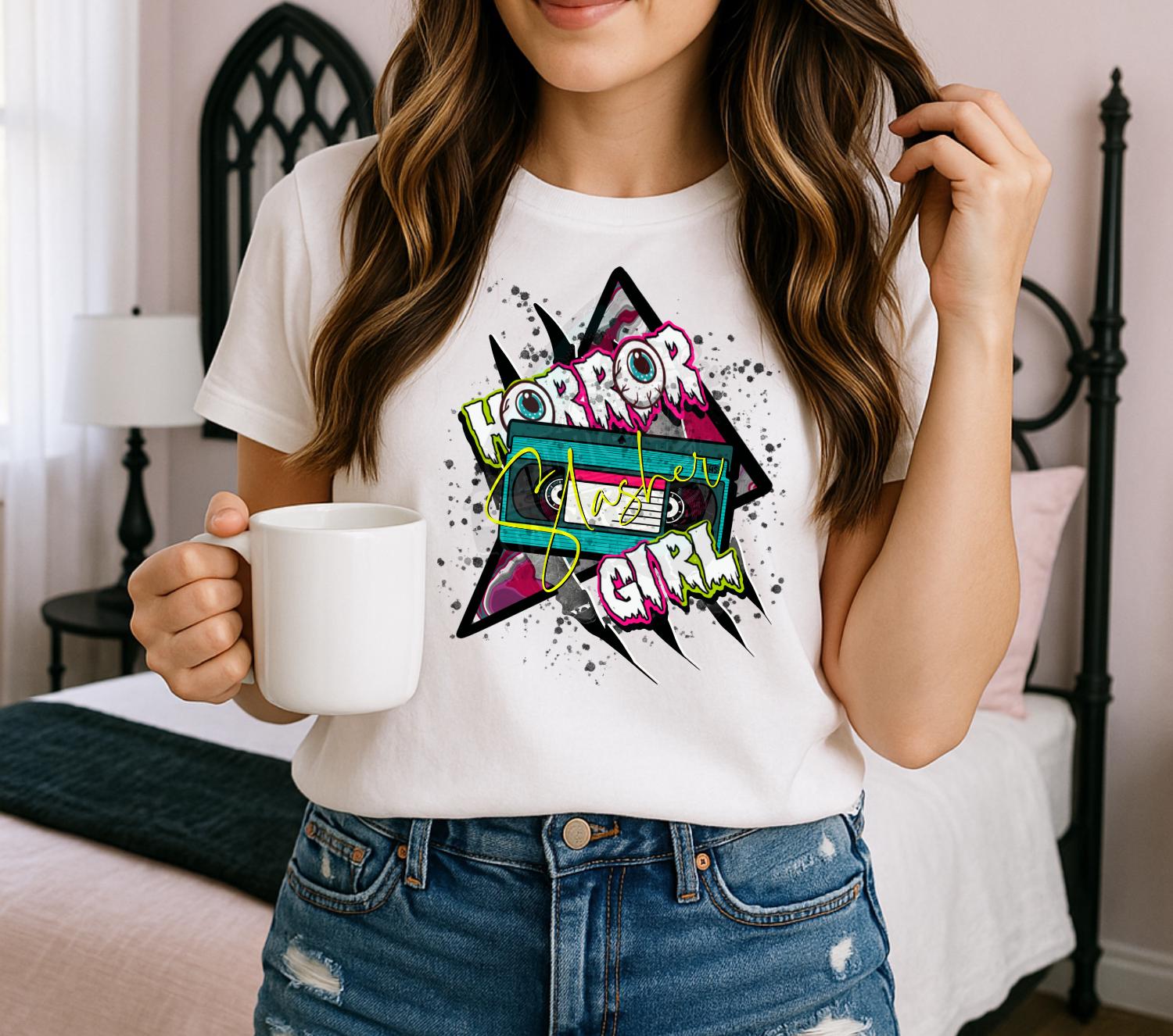 Horror Slasher Girl T-Shirt Design – PNG Retro VHS Aesthetic for Sublimation
