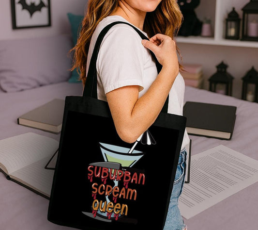 Suburban Scream Queen Tote Bag, Gothic Horror Tote for Cocktail Lovers and Halloween Queens