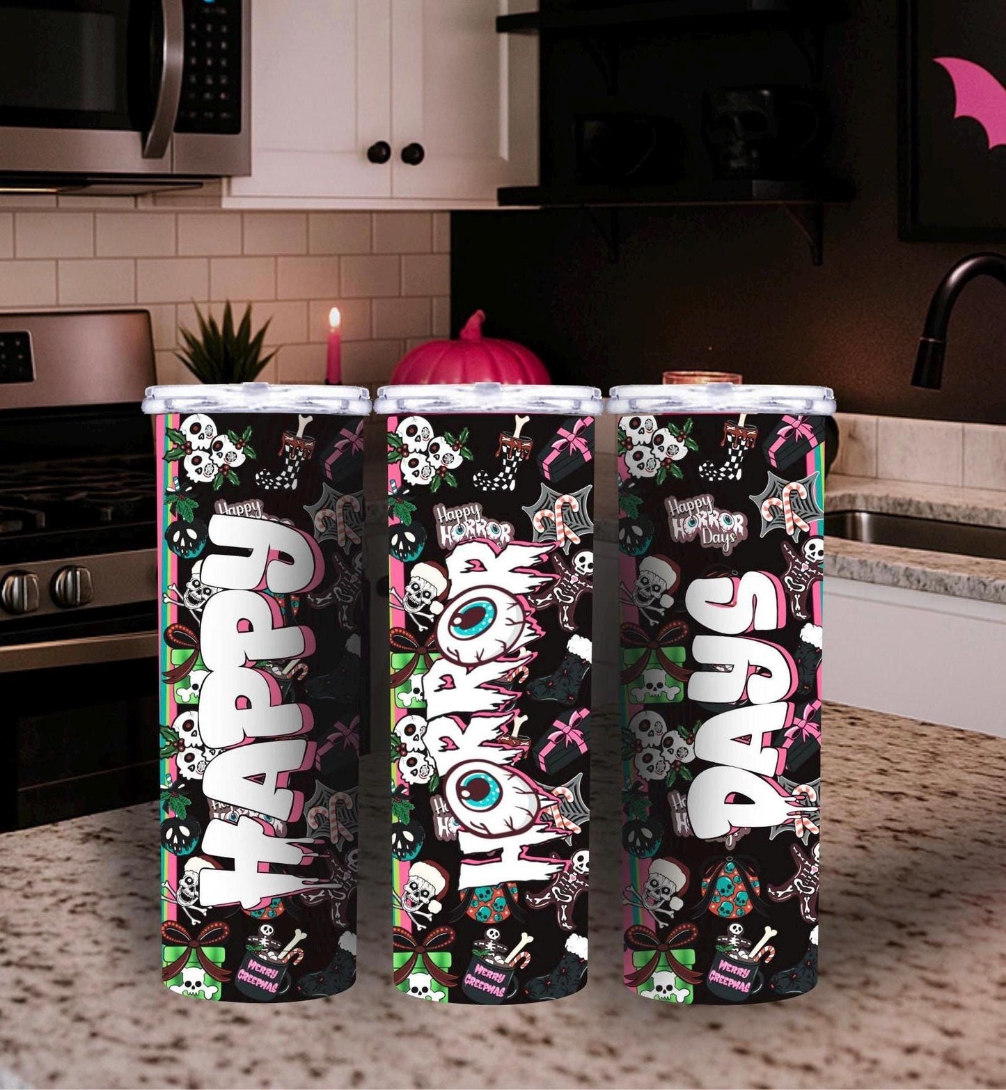 Happy Horror Days Tumbler Wrap – Creepy Christmas Sublimation PNG for 20oz Tumblers | Gothic Holiday Design