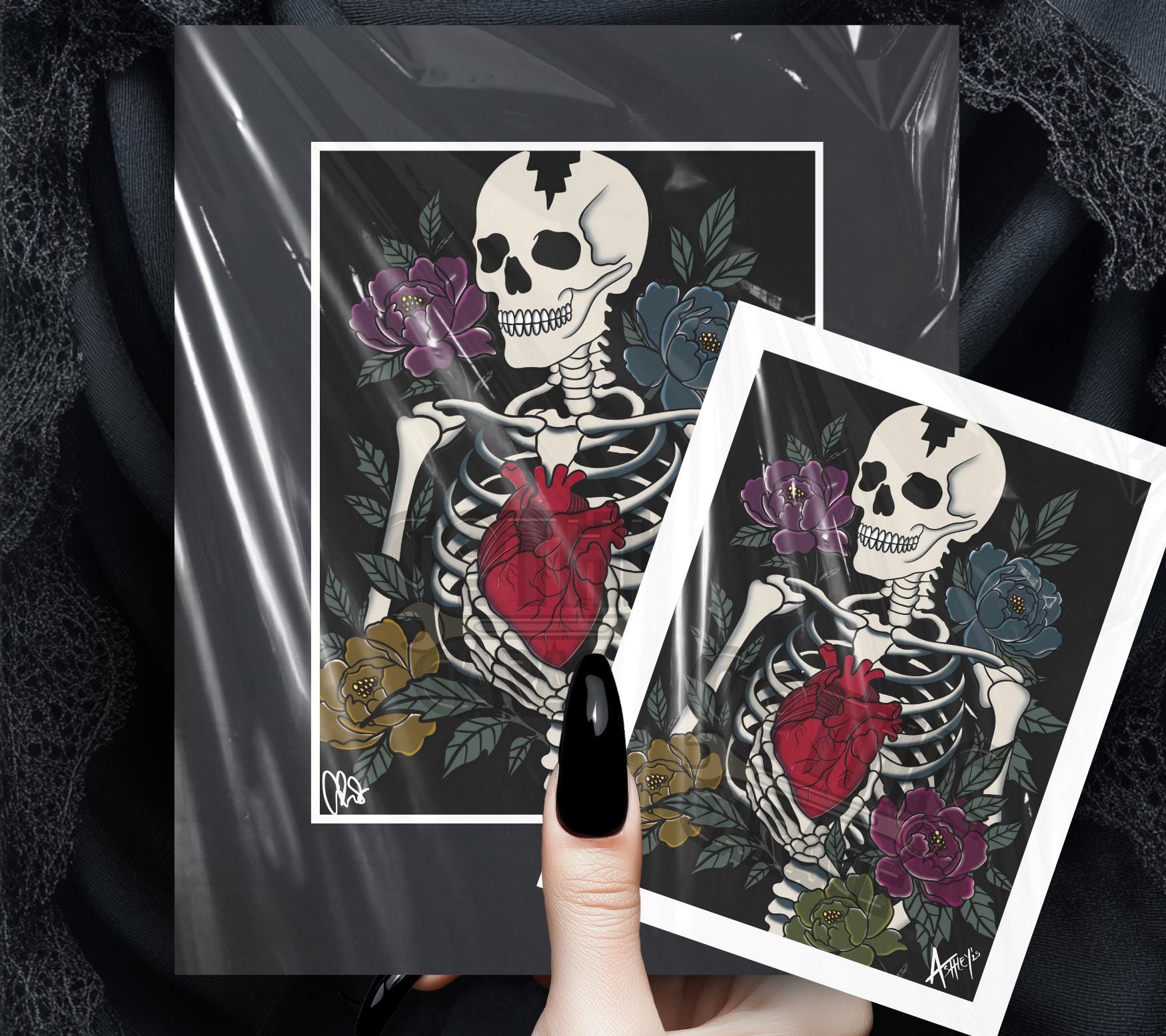 Skeleton Heart Art Print – Gothic Anatomical Wall Art with Dark Florals