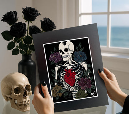 Skeleton Heart Art Print – Gothic Anatomical Wall Art with Dark Florals