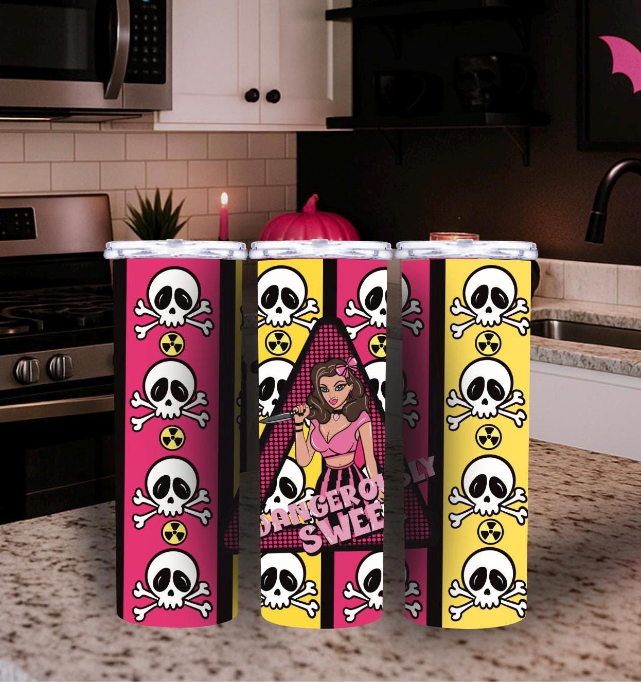 Dangerously Sweet Tumbler Wrap – Pin-Up Punk Skull Sublimation PNG for 20oz Skinny Tumblers | Hot Pink & Yellow Goth Design