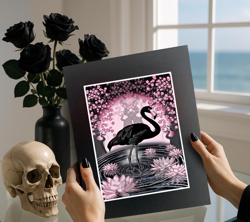 Black Flamingo Art Print – Gothic Cherry Blossom & Lotus Pond Wall Art | Pink and Black Bird Fantasy Artwork for Alternative Home Decor
