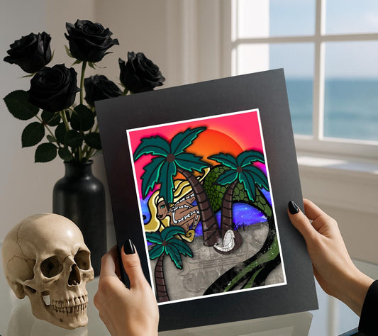 Nude Beach Goth Mermaid Art Print – Tropical Gothic Wall Decor for Alternative Home or Gallery