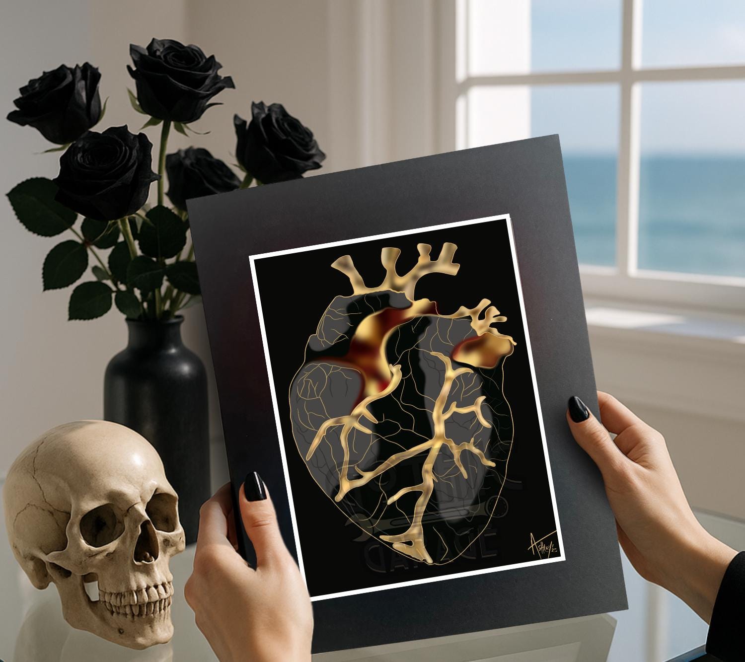 Black & Gold Anatomical Heart Art Print – Gothic Wall Decor for Dark Romantic Homes