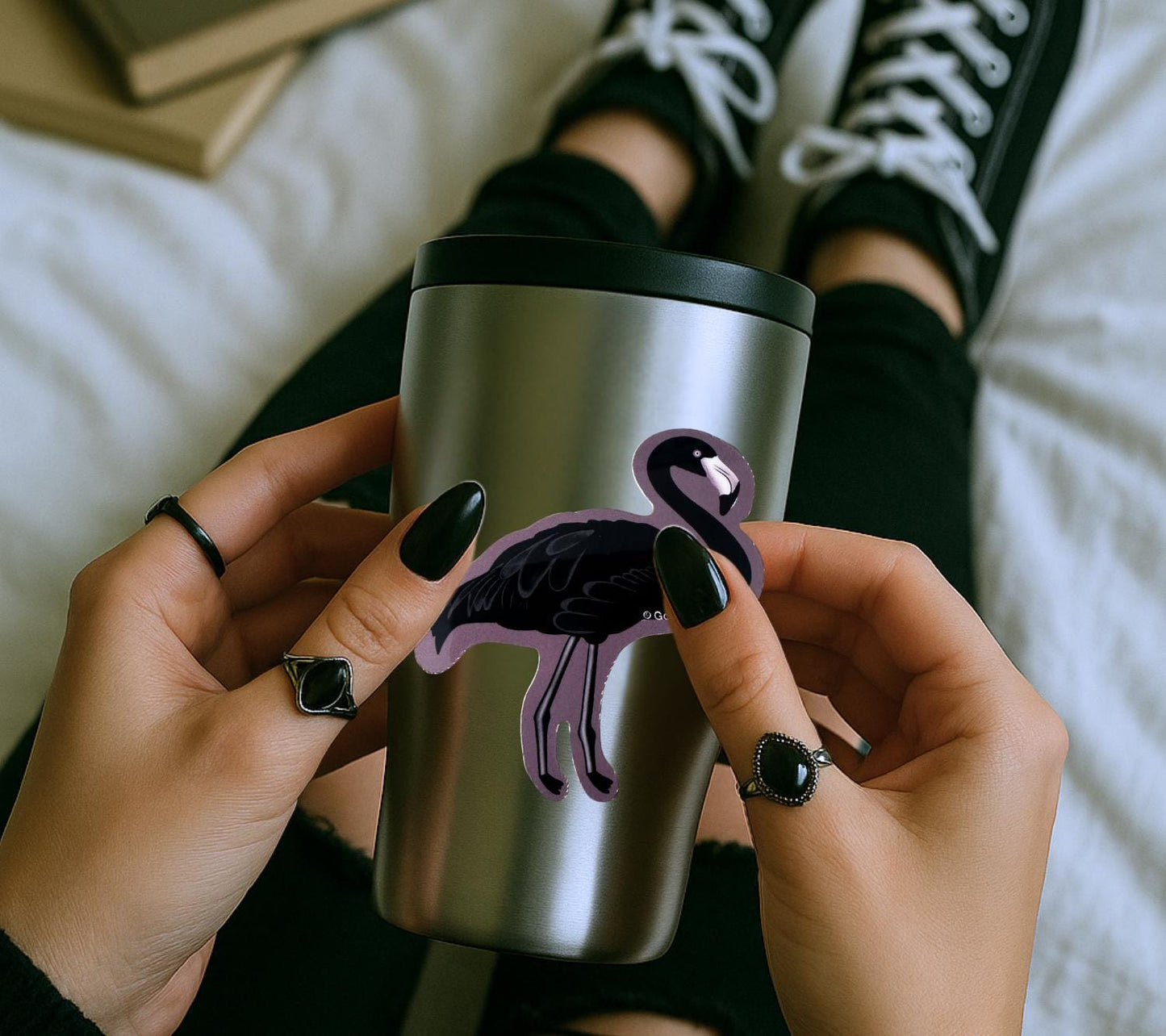 Black Flamingo Waterproof Sticker – Gothic Bird Vinyl Decal for Laptops, Water Bottles & Journals