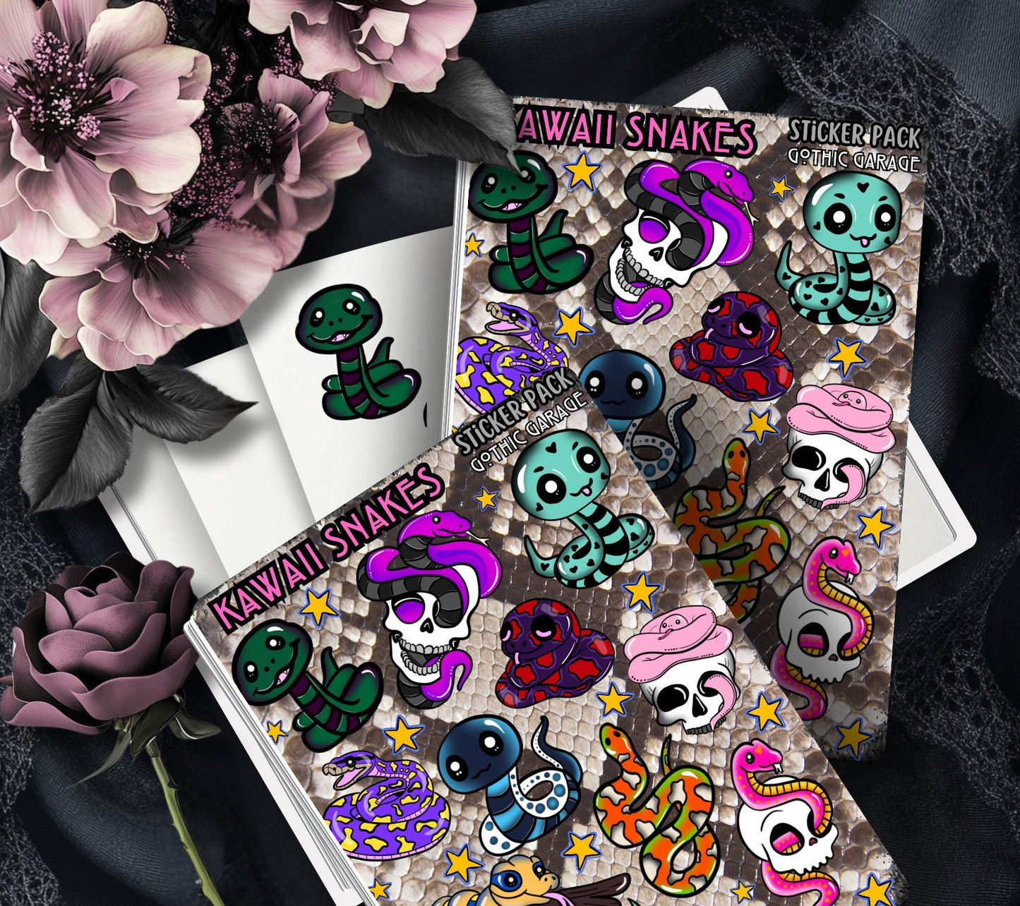 Gothic Kawaii Snakes Sticker Sheets for Collecting and Scrapbooking - High-Quality, Vibrant Designs, Perfect Budget Friendly Gifts