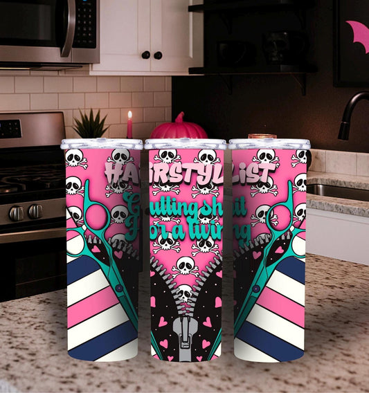 Hairstylist Tumbler Wrap – Pink Skull 20oz PNG for Sublimation | Cutting Sh*t for a Living