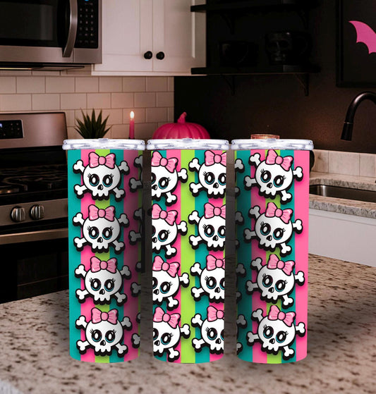 Rainbow Skull Bow Tumbler Wrap – Cute Punk Sublimation PNG for 20oz Tumblers | Pastel Goth Digital Design