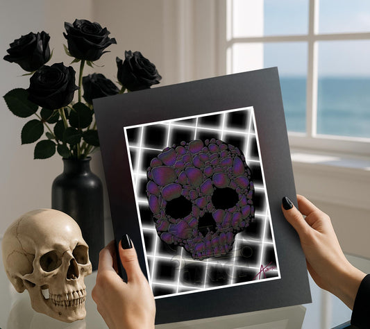 Neon Grid Skull – Gothic Vaporwave Art Print for Alt Wall Decor
