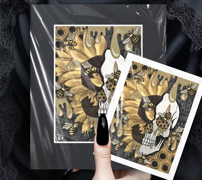 Sunflower Hive Skull Art Print – Gothic Bee & Honeycomb Wall Decor for Alternative Home or Gallery