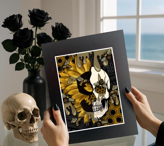Sunflower Hive Skull Art Print – Gothic Bee & Honeycomb Wall Decor for Alternative Home or Gallery