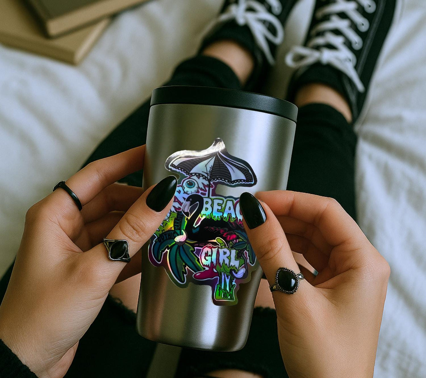 Horror Beach Girl Waterproof Sticker – Gothic Flamingo Palm Tree Decal in Glossy or Holographic Finish