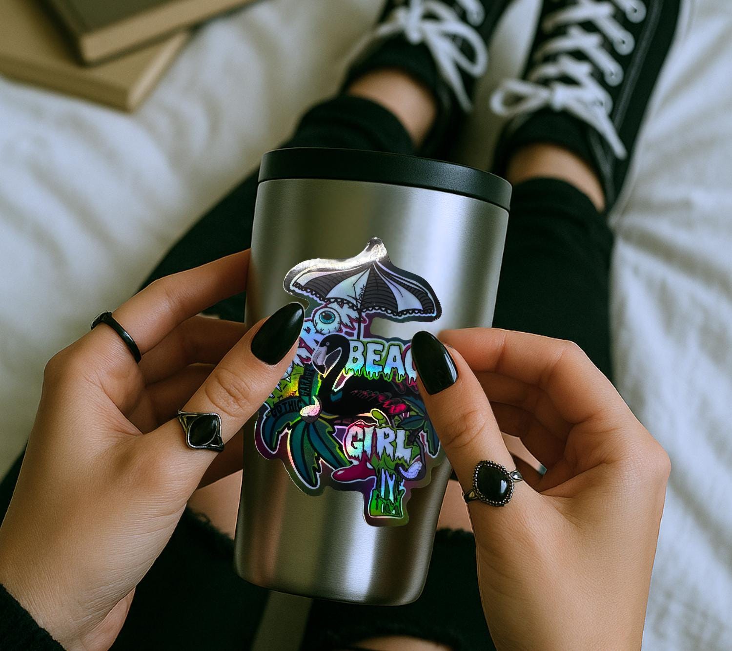 Horror Beach Girl Waterproof Sticker – Gothic Flamingo Palm Tree Decal in Glossy or Holographic Finish