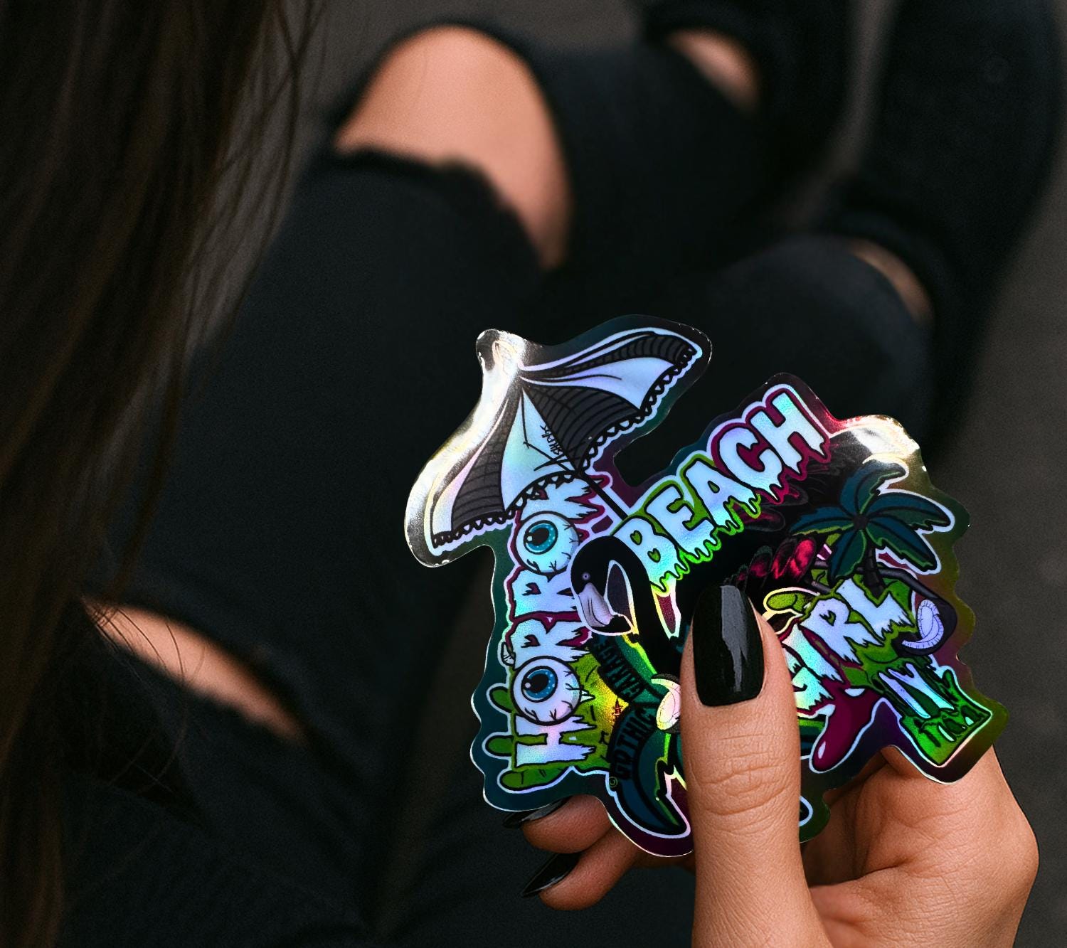 Horror Beach Girl Waterproof Sticker – Gothic Flamingo Palm Tree Decal in Glossy or Holographic Finish