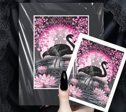 Black Flamingo Art Print – Gothic Cherry Blossom & Lotus Pond Wall Art | Pink and Black Bird Fantasy Artwork for Alternative Home Decor