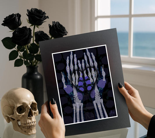 X-Ray Skeleton Hands with Purple Roses Art Print – Gothic Anatomy Wall Art | Dark Floral & Romantic Medical Illustration