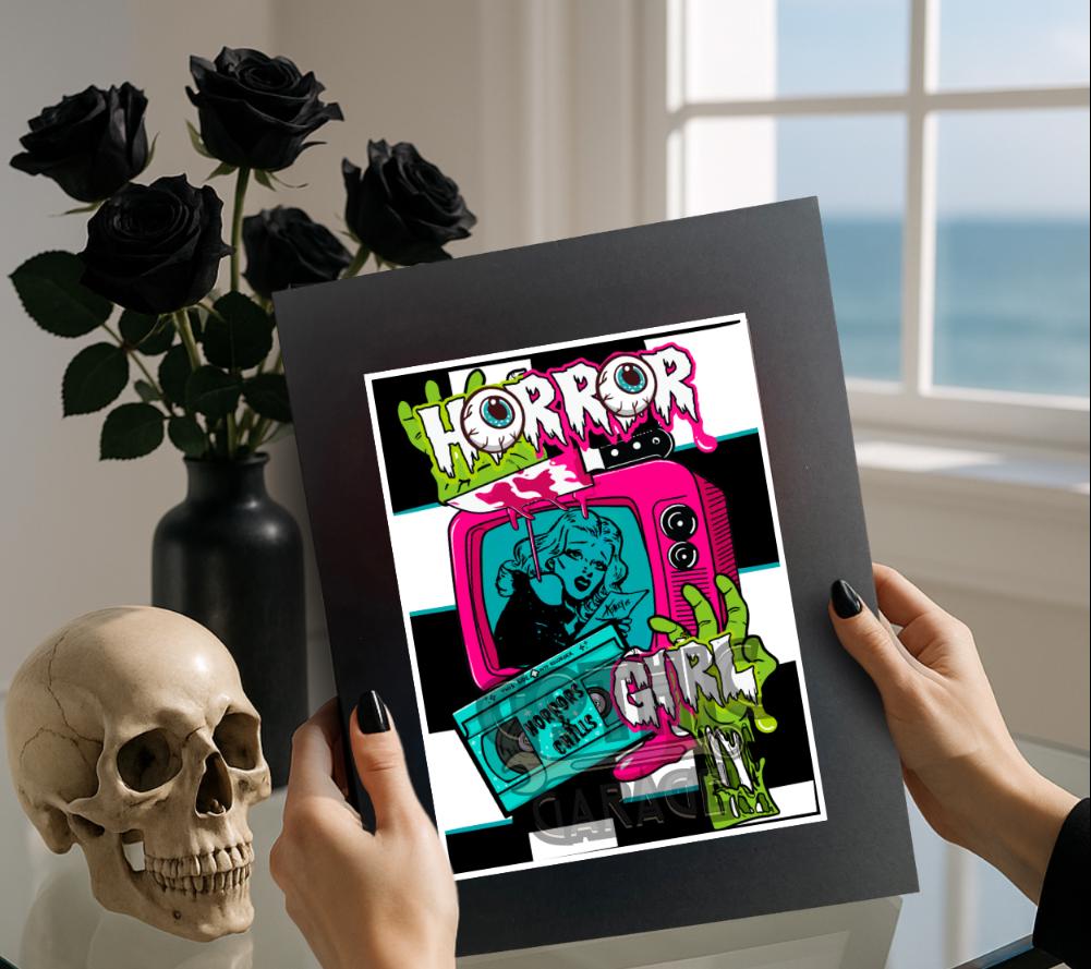 Horror Girl Art Print – Retro Slasher Girl Pop Art with VHS, TV & Zombie Hand | Gothic Wall Decor