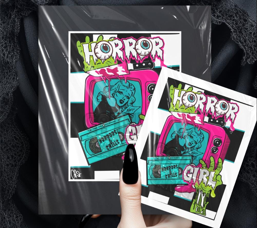 Horror Girl Art Print – Retro Slasher Girl Pop Art with VHS, TV & Zombie Hand | Gothic Wall Decor