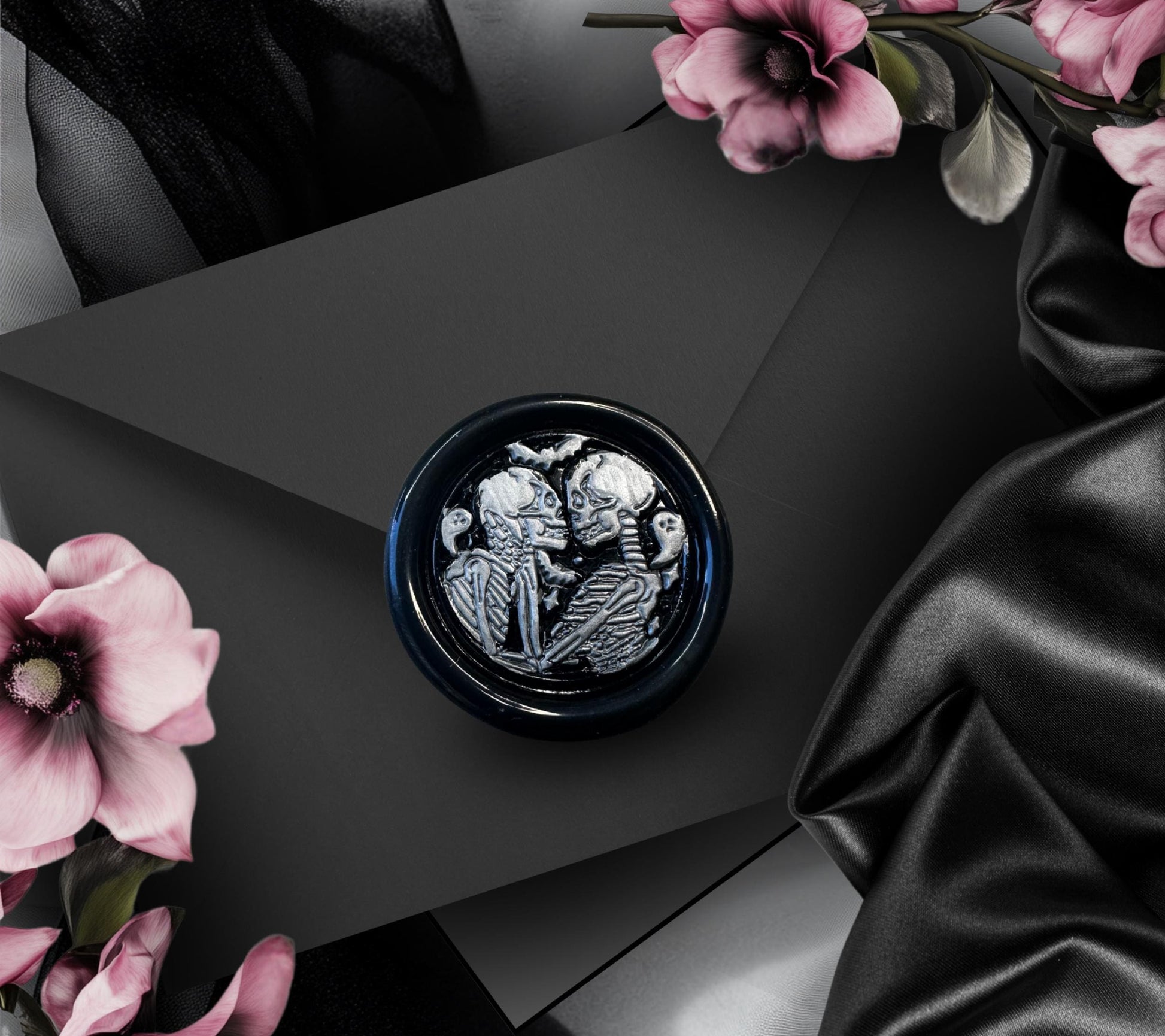 Skeleton Lovers Wax Seal – Gothic Black, Silver or Gold Adhesive Stamp for Letters, Journals & Gifts