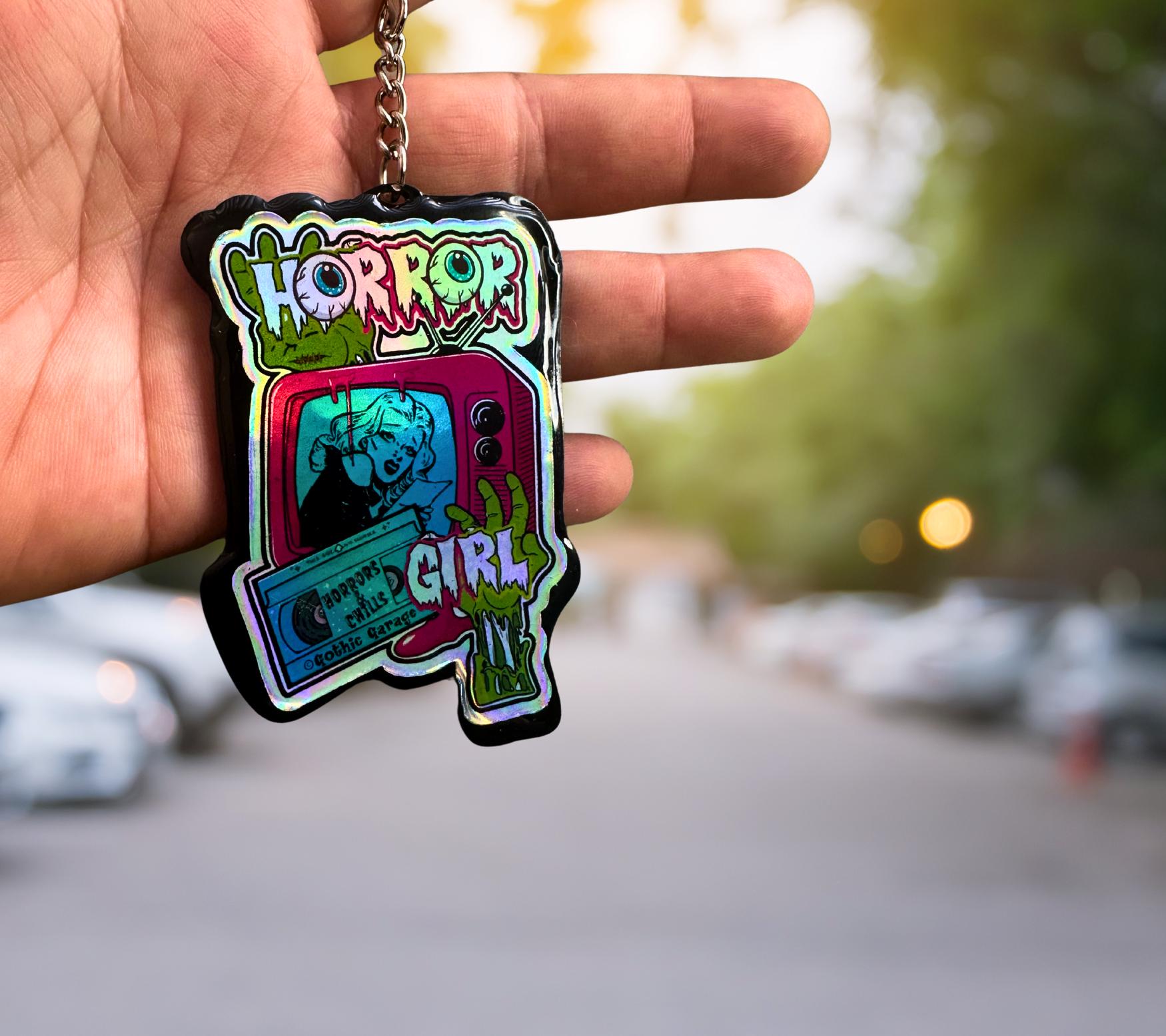 Horror Girl Keychain – Holographic Resin Acrylic Key Ring for Spooky Bags & Horror Fans