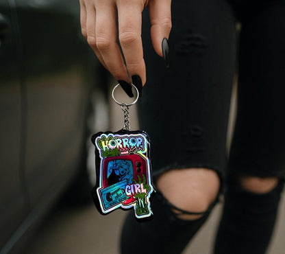 Horror Girl Keychain – Holographic Resin Acrylic Key Ring for Spooky Bags & Horror Fans