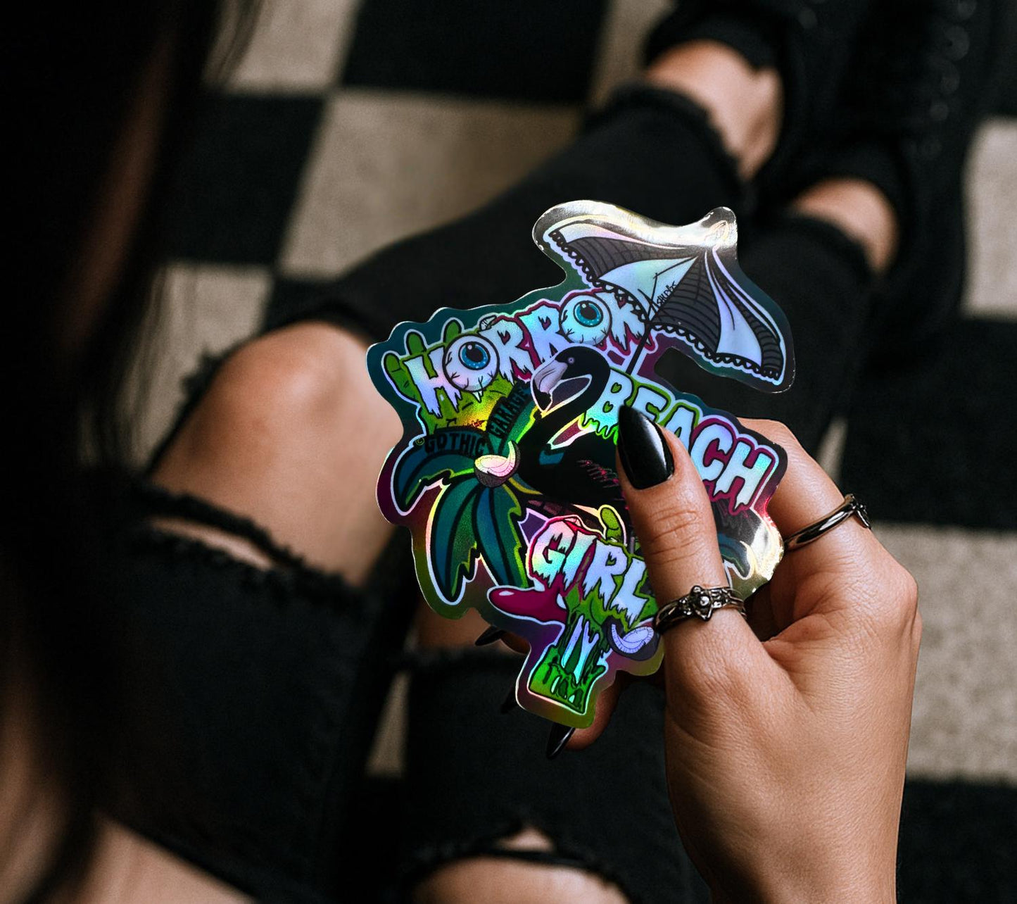 Horror Beach Girl Waterproof Sticker – Gothic Flamingo Palm Tree Decal in Glossy or Holographic Finish