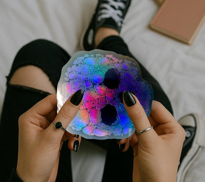 Holographic Rainbow Skull Sticker – Waterproof Gothic Skull Decal for Laptops, Tumblers & Journals