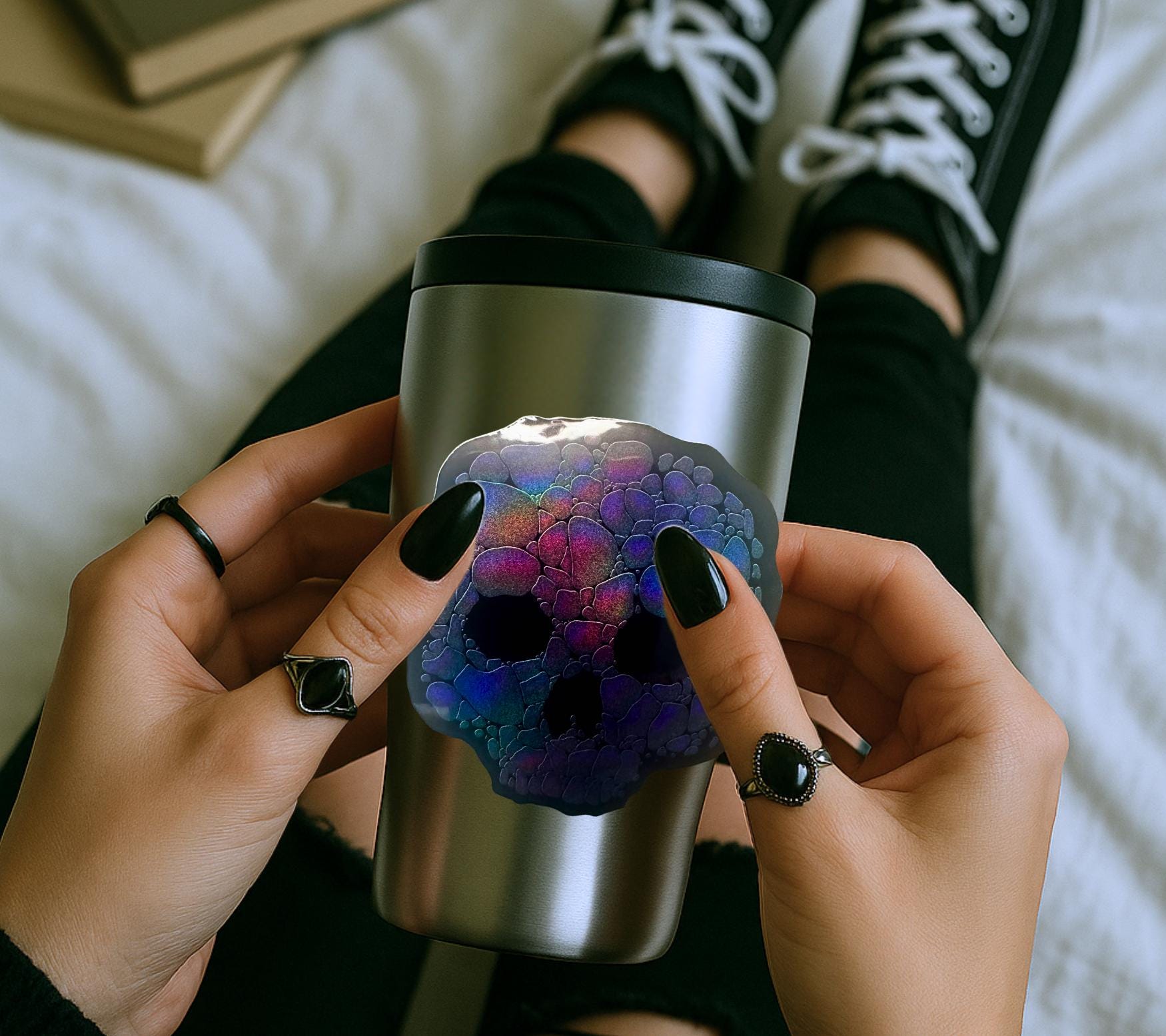 Holographic Rainbow Skull Sticker – Waterproof Gothic Skull Decal for Laptops, Tumblers & Journals