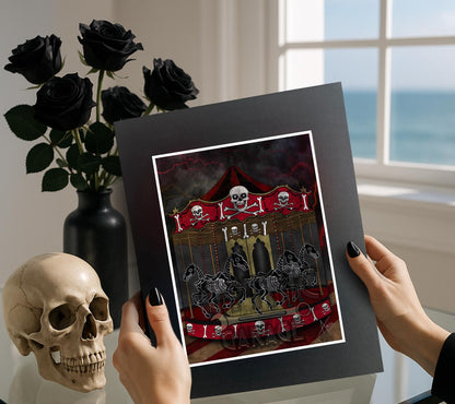 Skeleton Carousel Art Print – Gothic Dark Carnival Wall Decor with Skull Horses