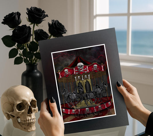 Skeleton Carousel Art Print – Gothic Dark Carnival Wall Decor with Skull Horses