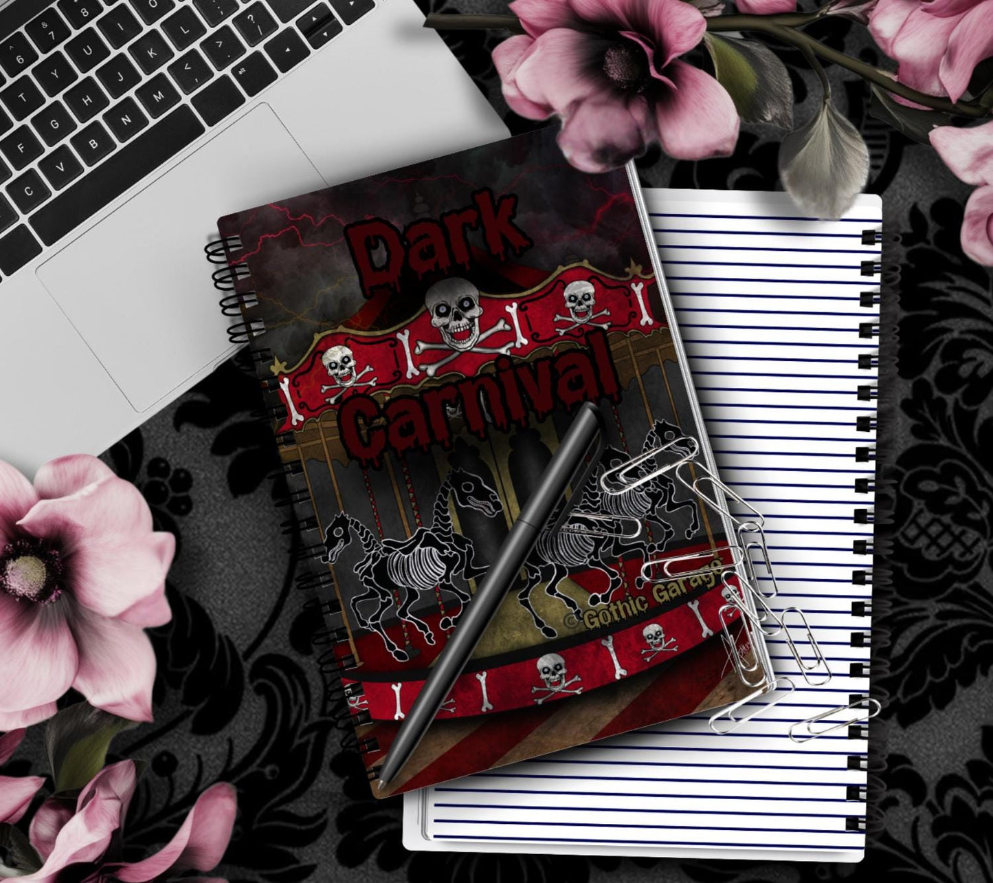 Dark Carnival Gothic Notebook – Creepy Skeleton Carousel Journal for Writing, School & Notes