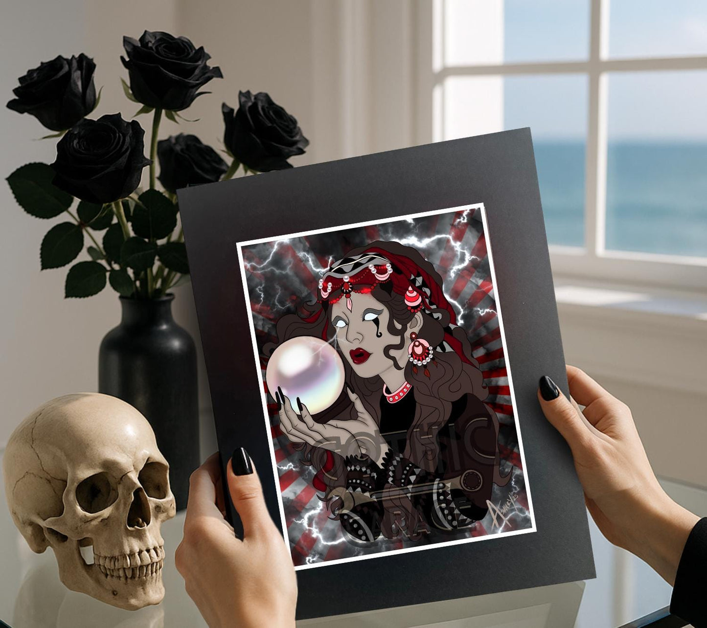 Fortune Teller Gothic Art Print – Mystical Crystal Ball Wall Decor for Alt Homes & Witches