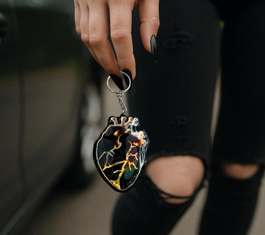 Anatomical Heart Keychain – Gothic Glitter Black & Gold Acrylic Keychain for Alternative Gifts