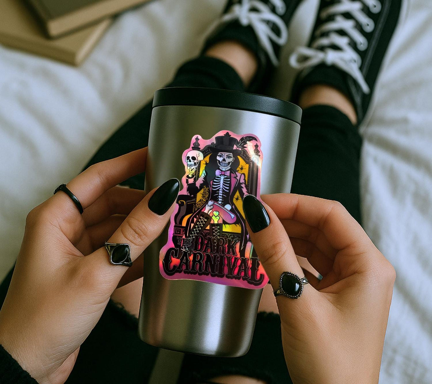 Skeleton Ringmaster Waterproof Sticker – Dark Carnival Holographic Decal for Laptops, Tumblers & Journals