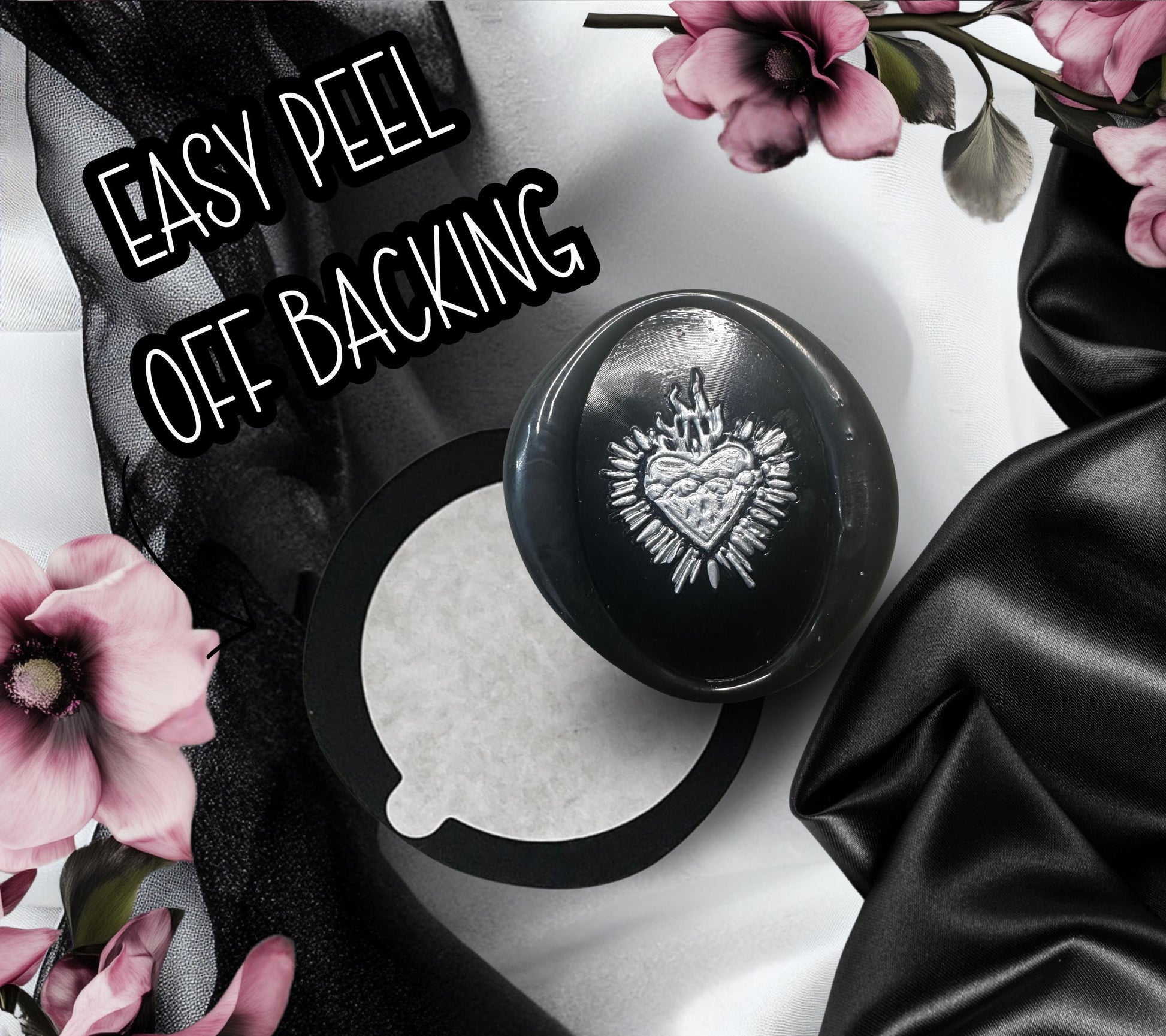 Gothic Sacred Heart Wax Seal – Black Hand-Poured Adhesive Seals for Invitations, Journals & Witchy Stationery