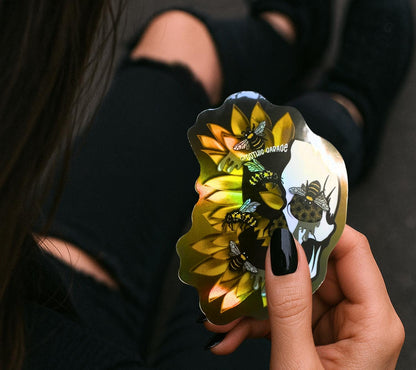 Honey Bee & Sunflower Skull Sticker – Gothic Waterproof Vinyl Decal for Laptops, Tumblers and More