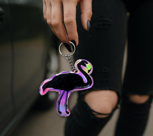 Gothic Black Flamingo Keychain: Holographic Acrylic Alt Accessory