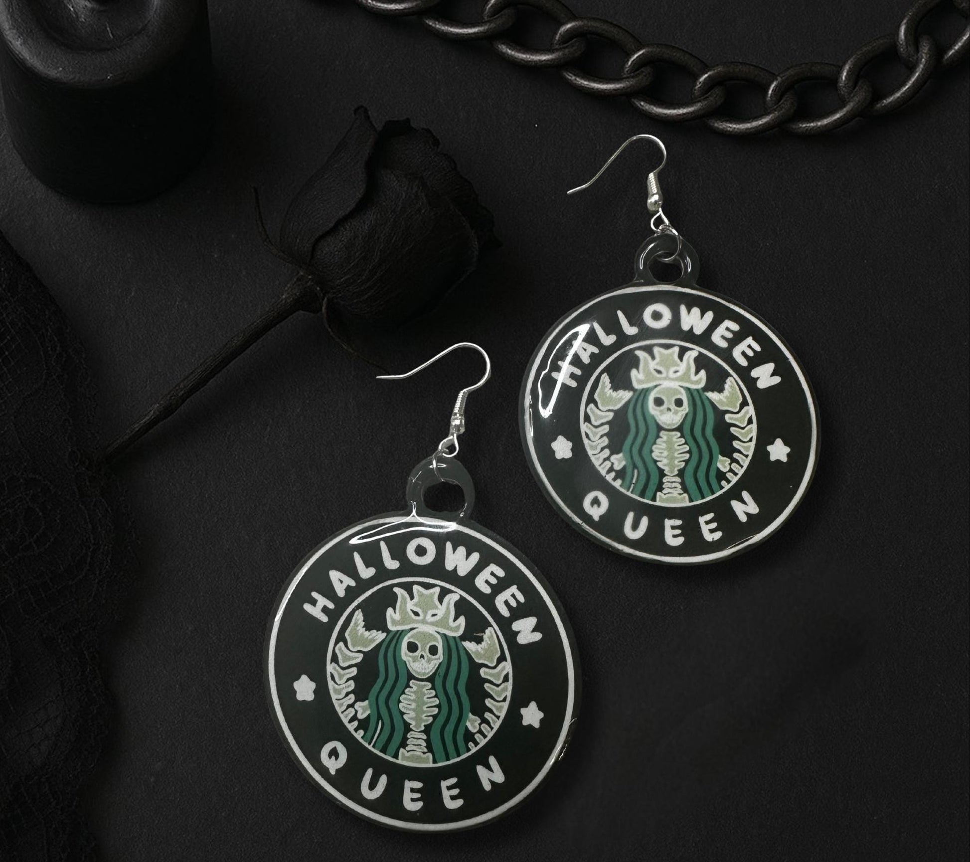 Halloween Queen Earrings – Gothic Skeleton Coffee-Inspired Handmade Dangle Jewelry