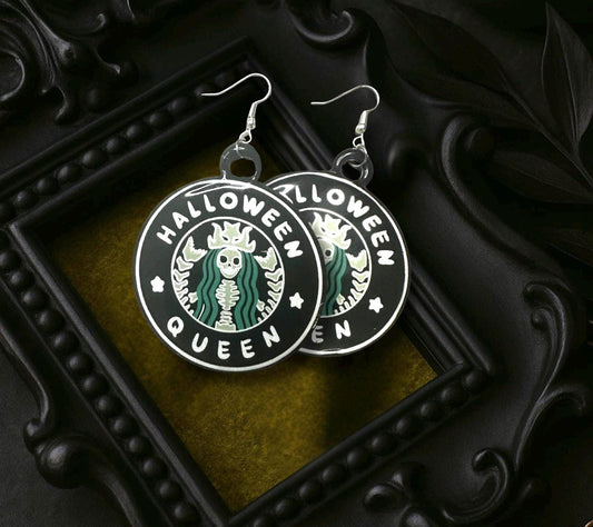Halloween Queen Earrings – Gothic Skeleton Coffee-Inspired Handmade Dangle Jewelry