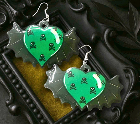 Bat Wing Heart Earrings – Gothic Green Poison Heart Jewelry for Alt & Halloween Lovers